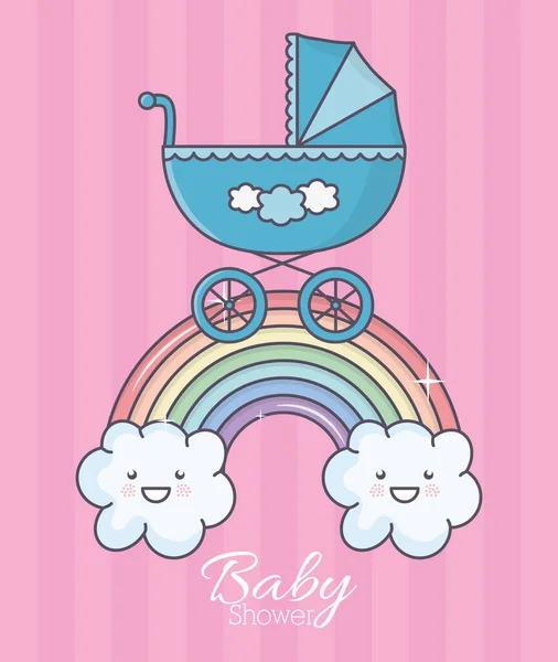 Baby shower blue pram rainbow clouds stripes background — 스톡 벡터
