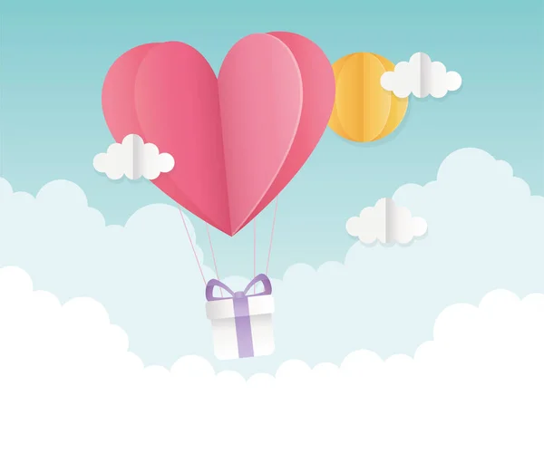 Happy valentines day origami heart balloons gift sky sun — Stock Vector