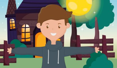 smiling young man standing front country home