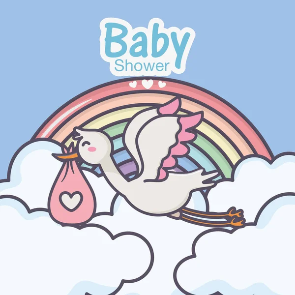 Baby shower stork diaper pink rainbow clouds — Vetor de Stock