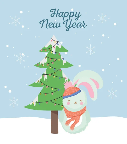 Happy new year 2020 celebration cute rabbit with scarf hat tree lights snow —  Vetores de Stock