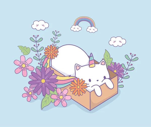 Cute caticorn with floral decoration in carton box — ストックベクタ