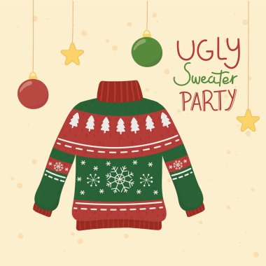 christmas ugly sweater party balls stars hanging