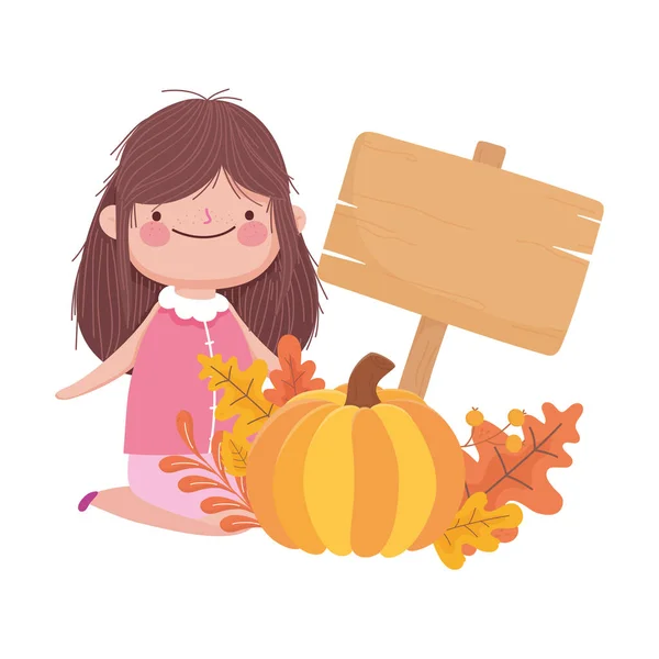 Happy thanksgiving day cute girl with pumpkin and wooden sign fall foliage — Image vectorielle
