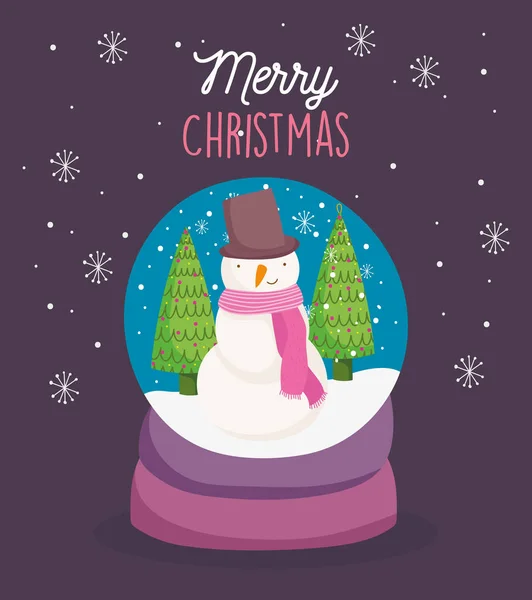 Merry christmas celebration snowglobe with snowman trees snowflakes — Stock Vector