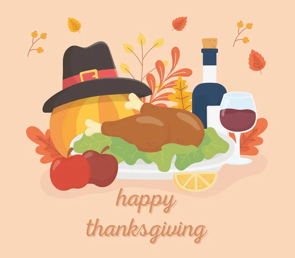 Happy thanksgiving roasted turkey wine apples pumpkin with hat foliage celebration — стоковый вектор