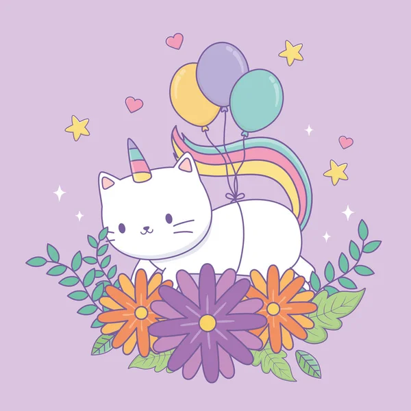 Cute caticorn with floral decoration and balloons helium — ストックベクタ