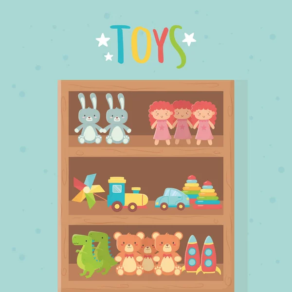 Wooden shelf rocket bear doll rabbit dinosaur car train toys — Image vectorielle