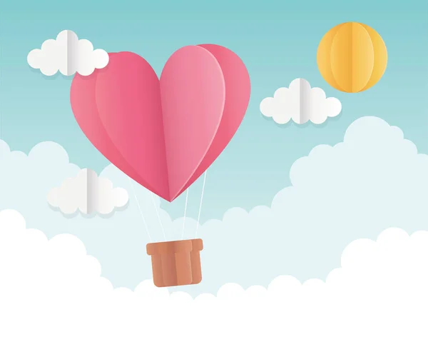 Happy valentines day origami heart hot air balloon sun sky — Vetor de Stock