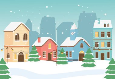 new year greeting card houses town street lamps trees snow