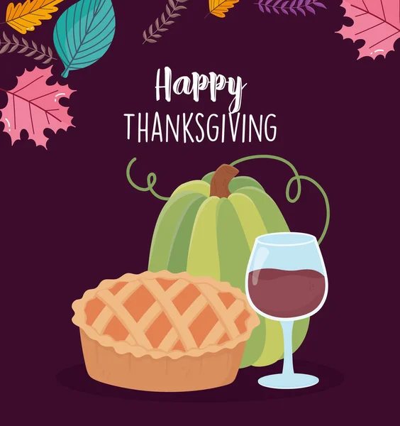 Happy thanksgiving day cake wine glass and pumpkin — Διανυσματικό Αρχείο