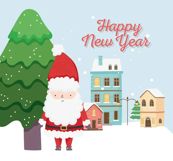 Happy new year 2020 celebration cute santa tree town snow —  Vetores de Stock