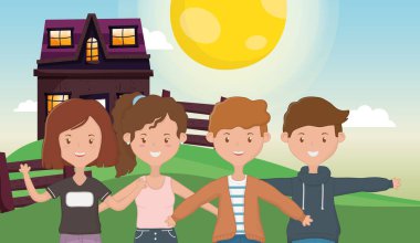 young people hugging cottage country outdoor scene