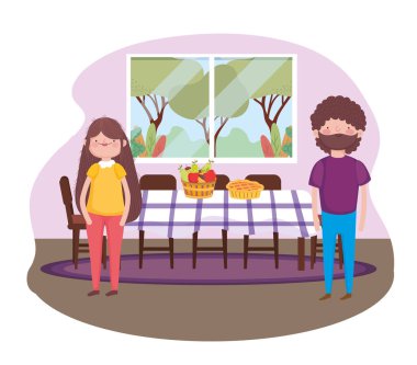 parents with cake and fruits dining room happy thanksgiving celebration