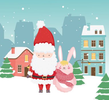 merry christmas celebration cute santa rabbit trees town snow