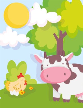 cow chicken and chicks tree sky farm animals