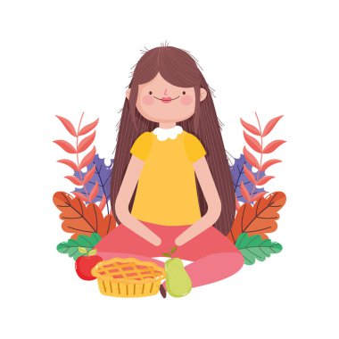 happy thanksgiving day woman sitting with cake pear and apple