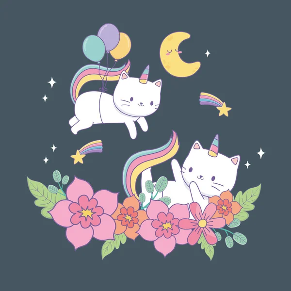 Cute caticorns with floral decoration at night — ストックベクタ