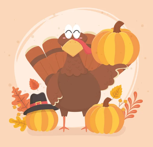 Turkey and pumpkin with pilgrim hat happy thanksgiving celebration — Archivo Imágenes Vectoriales