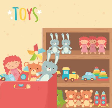 wooden shelf and cardboard box with various toys