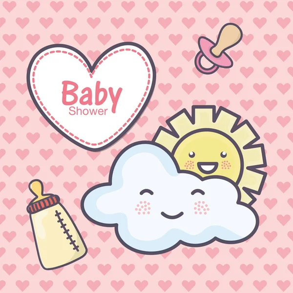 Baby shower heart pacifier feeding bottle cloud sun hearts background — Stock Vector