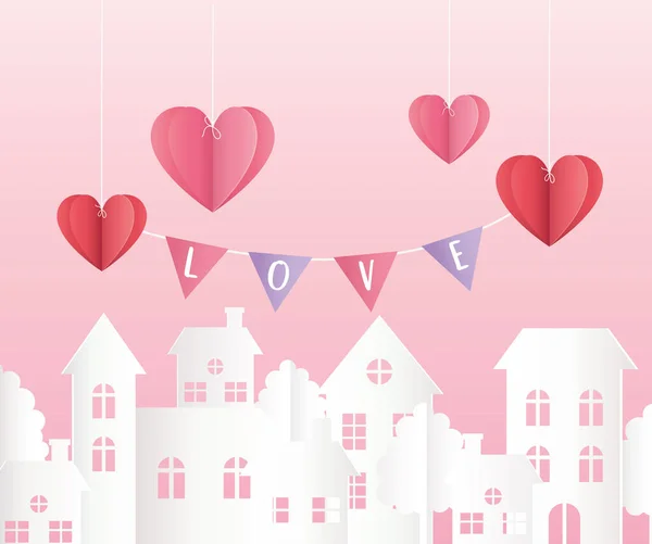 Happy valentines day hanging origami paper hearts — стоковый вектор