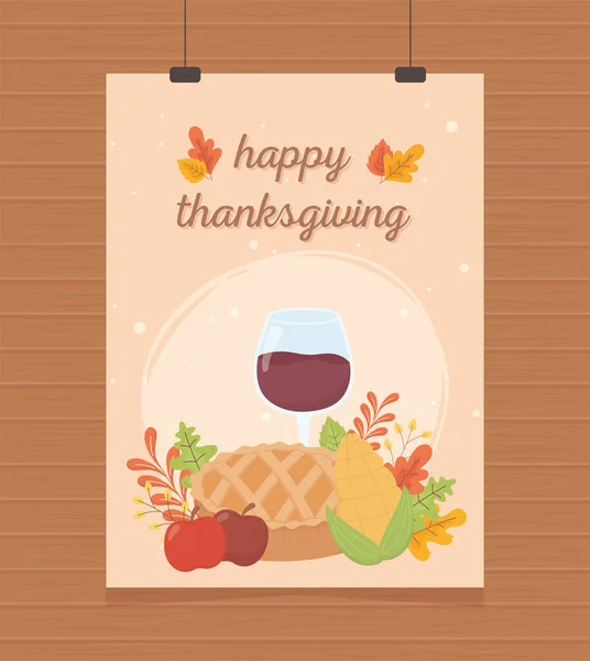 Happy thanksgiving poster hanging pie wine glass acorn corn — стоковый вектор