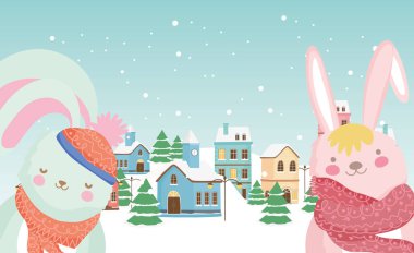 merry christmas celebration cute rabbits with scarf town snow
