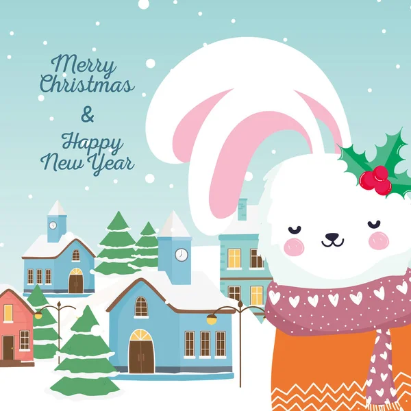 Merry christmas happy new year 2020 cute rabbit with mistletoe town tree snow — стоковый вектор