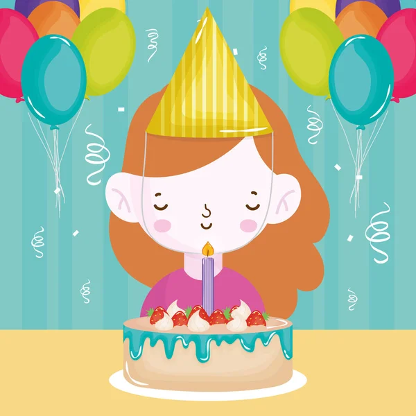 Happy birthday girl with cake candle balloons confetti – stockvektor