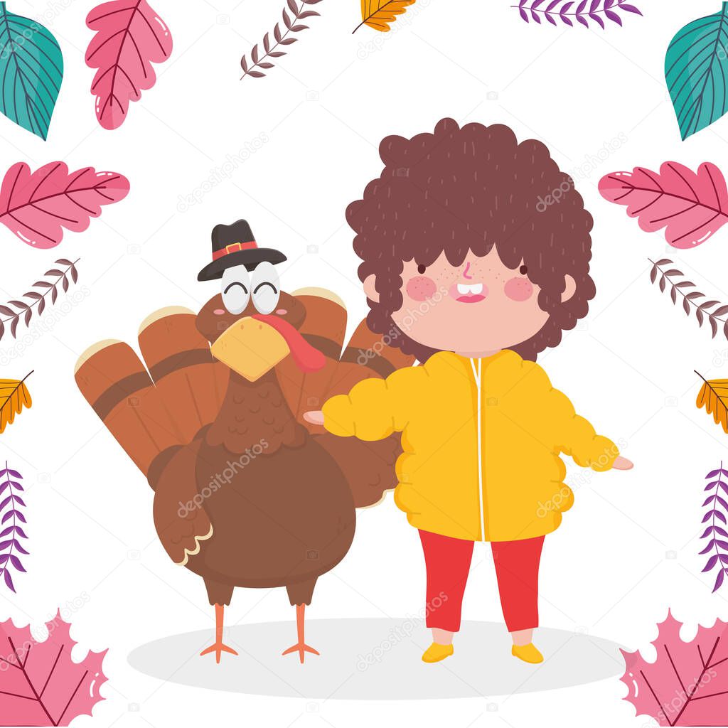 happy thanksgiving day little boy with turkey