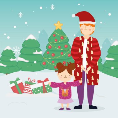 merry christmas father and daughter warm clothes gifts trees snow outdoor