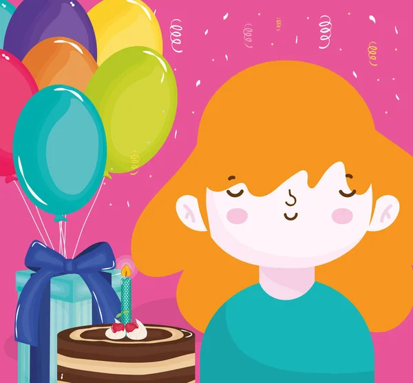 Happy birthday girl with cake gift box and balloons — Vetor de Stock