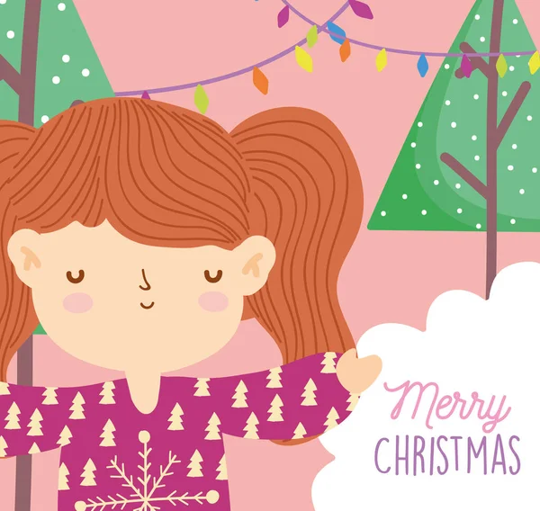Merry christmas girl with ugly sweater trees lights snow — Stockvector