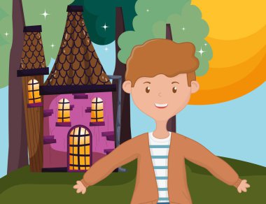 smiling young man standing front country home
