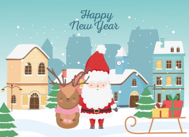 happy new year 2020 celebration santa deer sled with gifts town snow