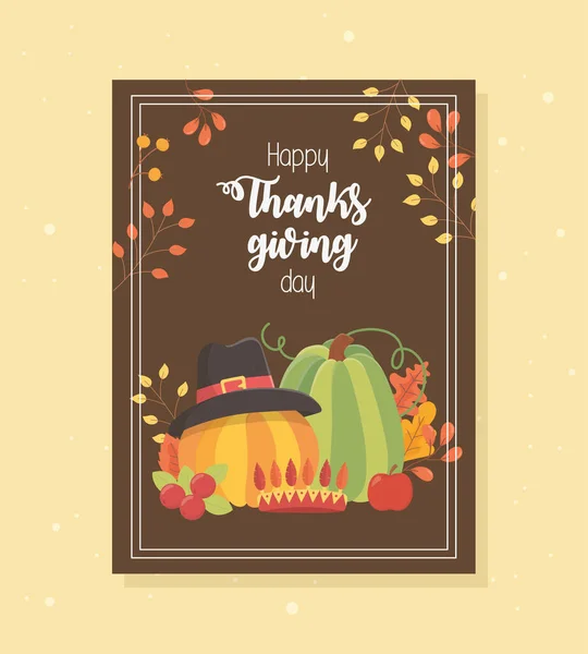 Pumpkins with hat apple leaves happy thanksgiving poster — стоковый вектор