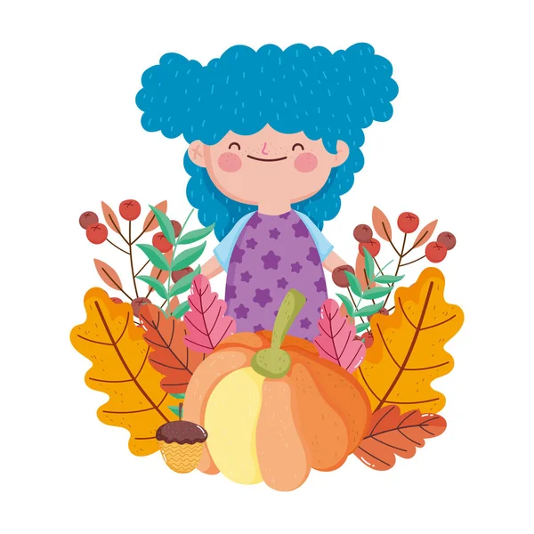 Happy thanksgiving day girl with blue hair and pumpkin acorn fall leaves — Stockvektor