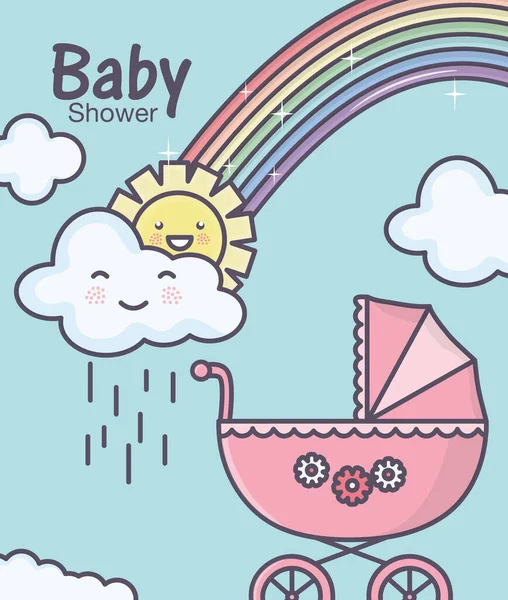 Baby shower pink pram rainbowm clouds rain sun — Stockvektor