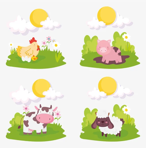Sheep pig cow chicken chicks clouds sun farm animals — Vector de stock
