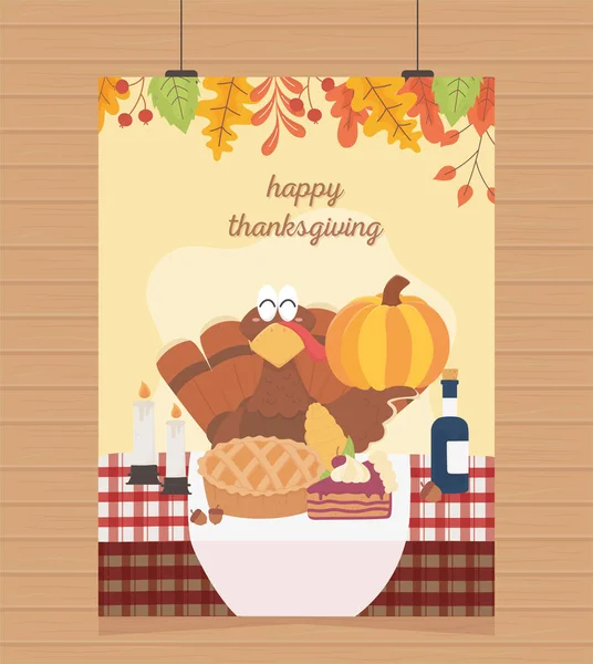 Happy thanksgiving poster hanging turkey pumpkin cake wine candles — стоковый вектор