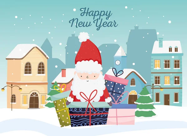 Happy new year 2020 celebration cute santa gifts town snow —  Vetores de Stock