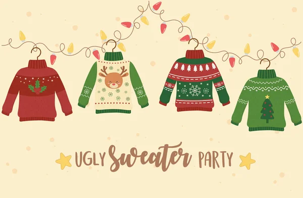 Christmas ugly sweater party decoration deer snowflake tree lights — Stock Vector