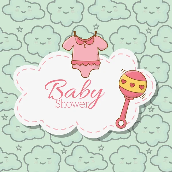 Baby shower pink bodysuit rattle sticker nubes fondo. — Archivo Imágenes Vectoriales
