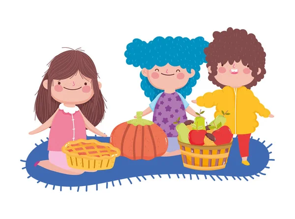 Fröhlicher Erntedank-Tag Junge und Mädchen mit Kürbisfruchtkuchen auf Teppich sitzend — Stockvektor