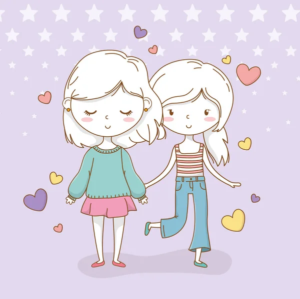 Красиві маленькі дівчата пара з пастельними кольорами і серцями — стоковий вектор
