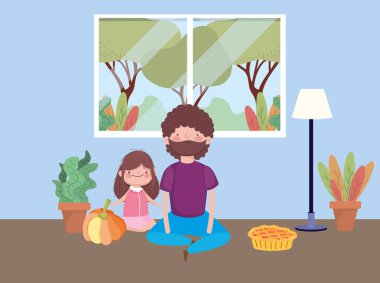 Baba ve kız pasta ve balkabağı Şükran Günü kutlamanız kutlu olsun.