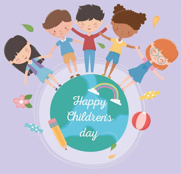 Happy childrens day boys and girls around world together — Stock Vector