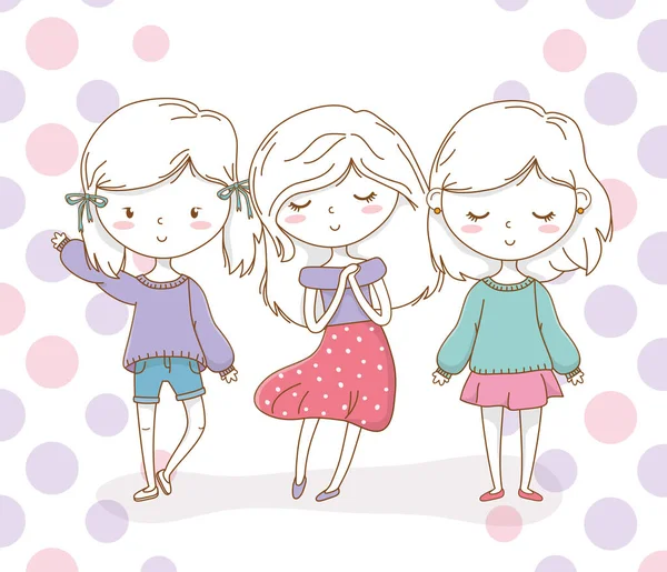 Маленькі дівчата групують з пастельними кольорами і пунктирним фоном — стоковий вектор