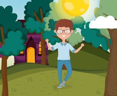 smiling young man standing front country home